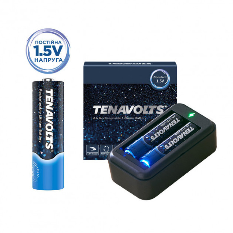 Комплект акумулятор літієвий TENAVOLTS AA 1850mAh 1.5V 2шт./уп з зарядним пристроєм.