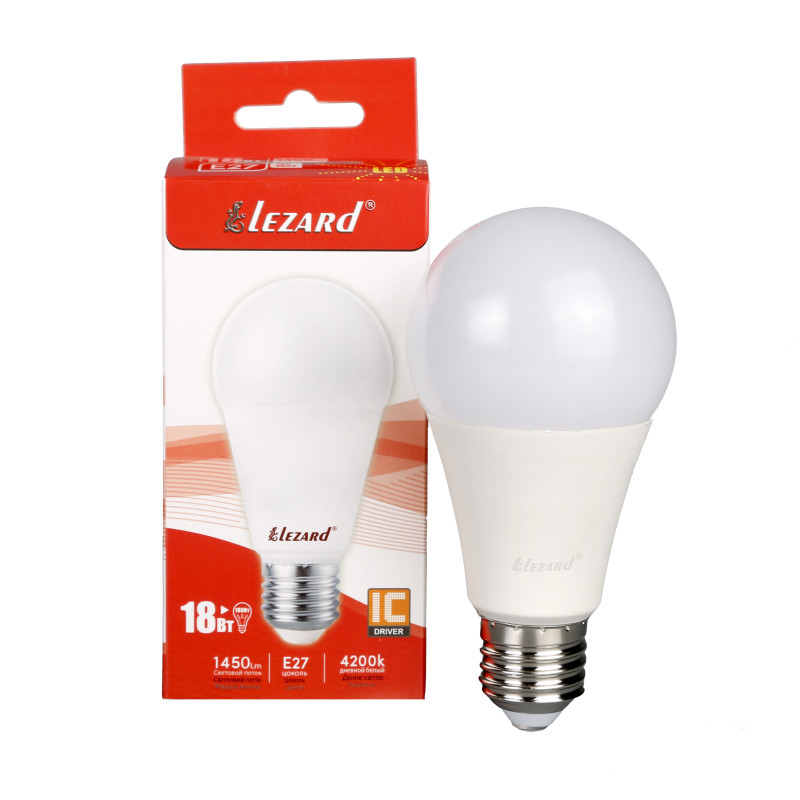 Лампа світлодіодна LED GLOB A65 18W 4200 E27 220V Lezard (1/50 шт)