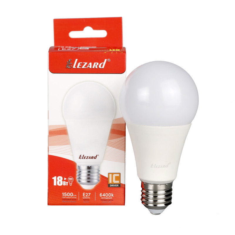 Лампа світлодіодна LED GLOB A65 18W 6400 E27 220V Lezard (1/50 шт)