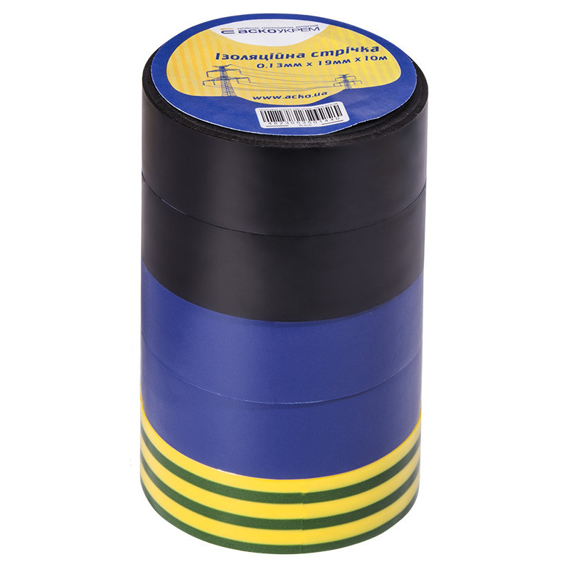 Ізолента 0,13мм * 19мм / 10м Набір №4 (2 чорні+2сині+1жовто-зелена)
