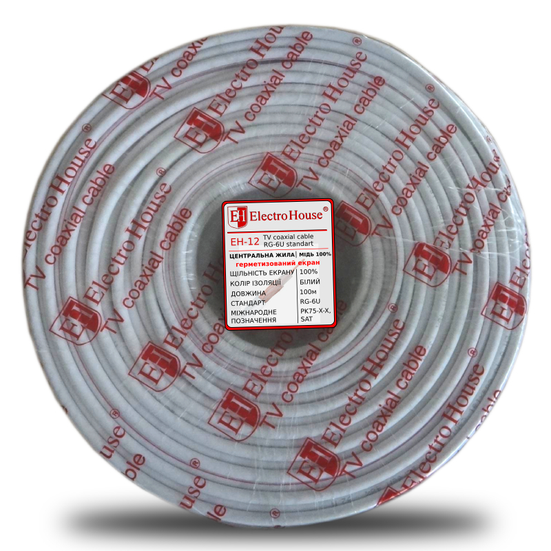 Кабель ElectroHouse TV coaxial RG 6U (МЕДЬ) екран 100% EH-12 бухта 100 м