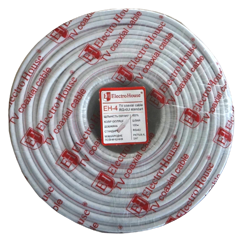 Кабель ElectroHouse TV coaxial RG 6U екран 100% EH-4 бухта 100 м