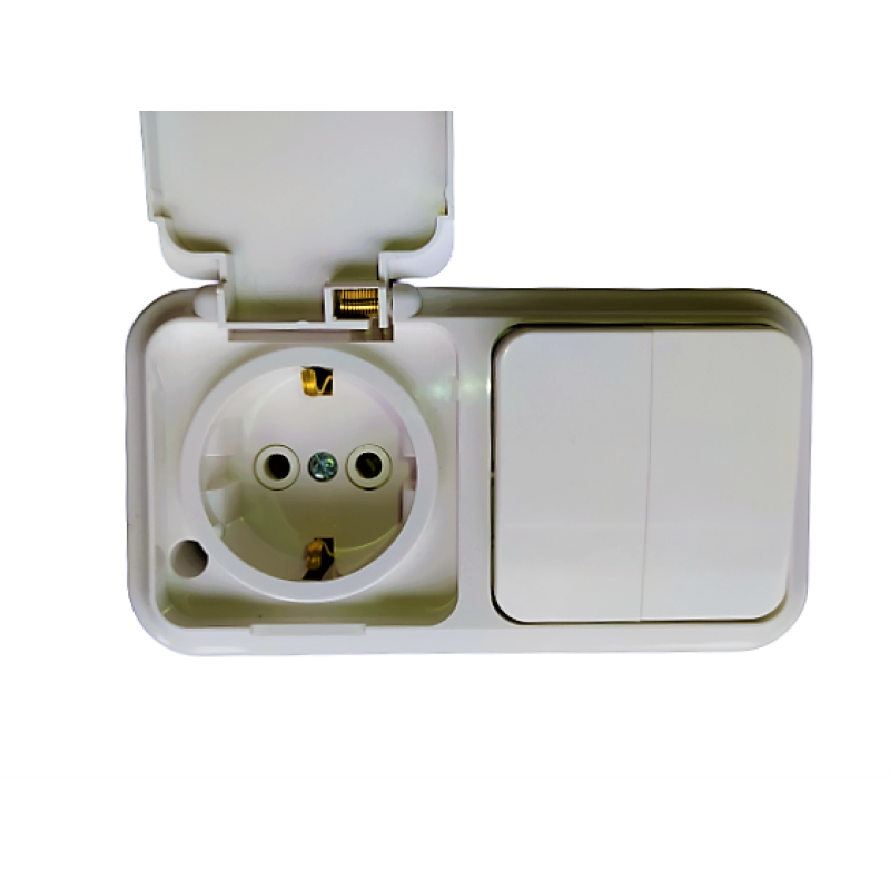 Блок зовнішний вимикач 2-й + розетка із заземленням бризкозахисна Bylectrica Пралеска Аква білий 2В-РЦ-659