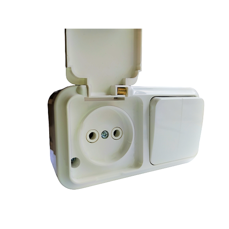 Блок зовнішний вимикач 2-й + розетка бризкозахисна Bylectrica Пралеска Аква білий 2В-РЦ-655