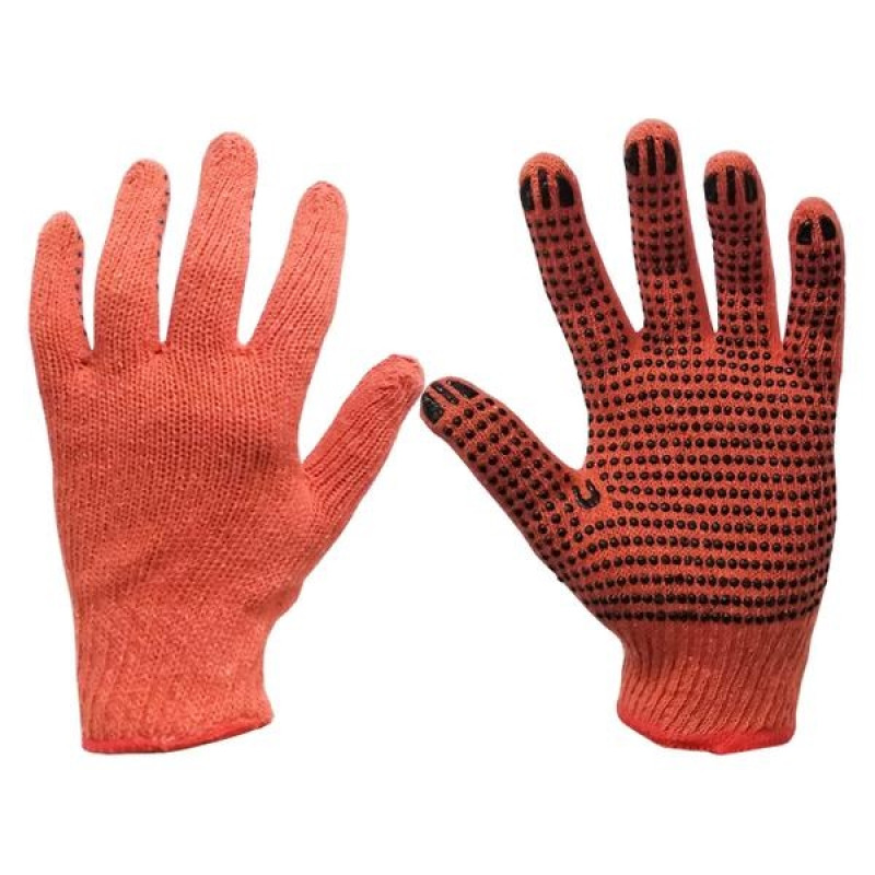 (New) Перчатки Х / Б з ПВХ точкою р10 (помаранч + чорний ПВХ економ) (СИЛА - Інструмент) 12/600