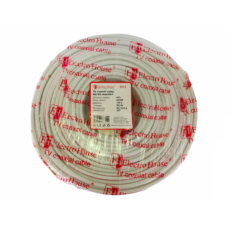 Кабель ElectroHouse TV coaxial RG 6U екран 64% EH-3 бухта 100 м